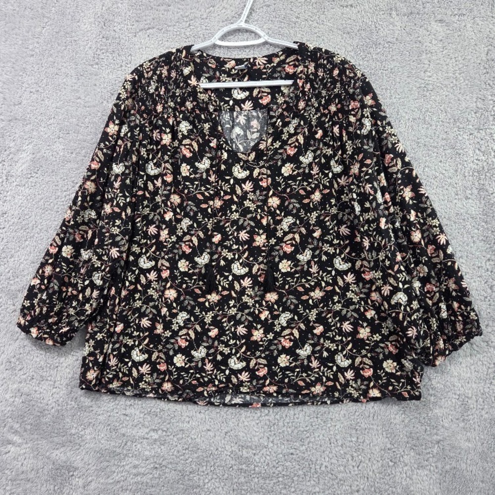 Old Navy Smock Top Women's XL Black Floral Split Neck Peasant Tassel Long Sleeve